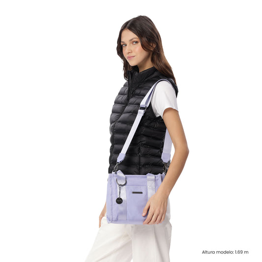 Bolsa feminina pequena roxa estilo tote com alça transversal