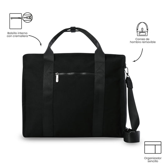 Bolsa feminina estilo sacola com compartimento para laptop de 15,4", preta.