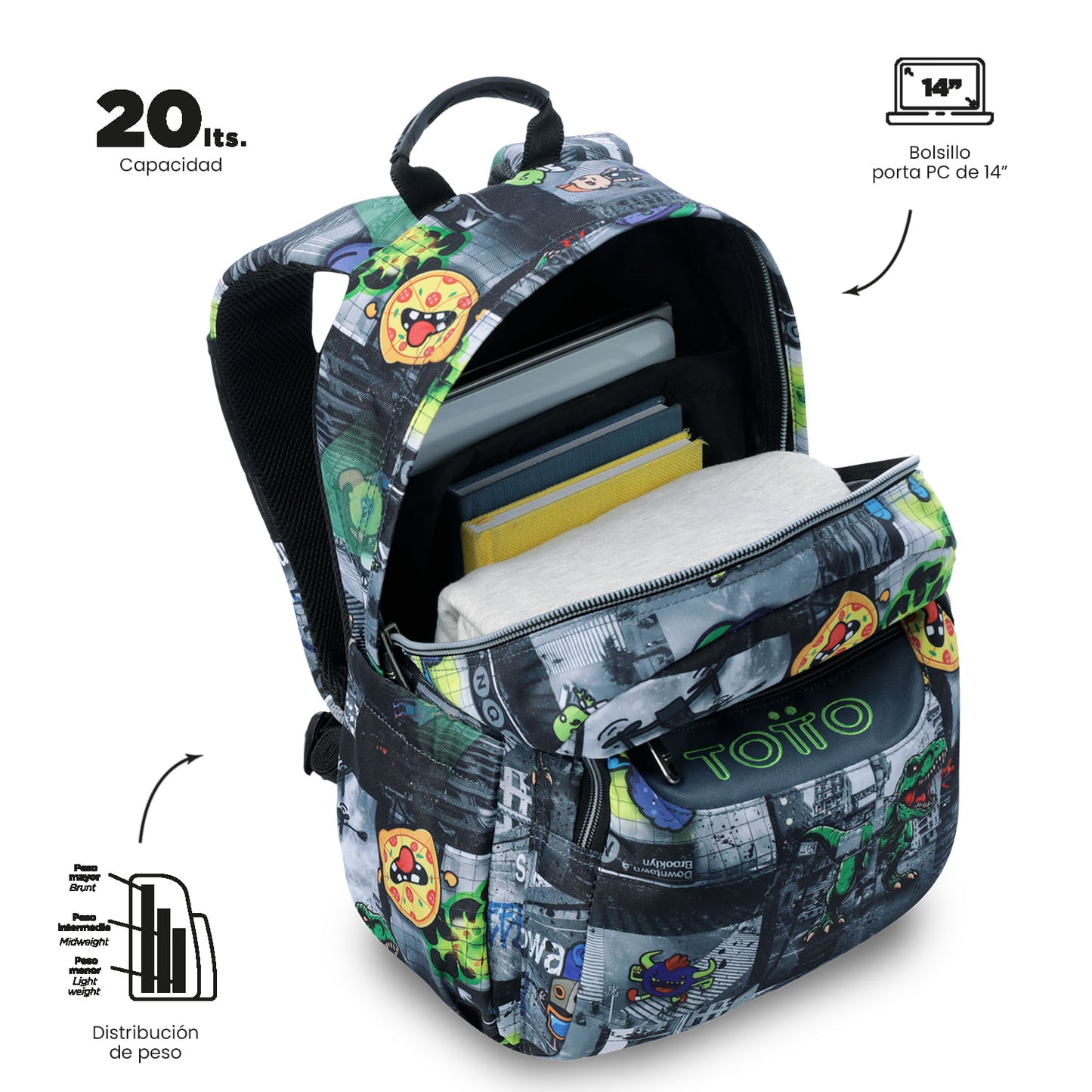 Mochila juvenil com compartimento para laptop de 14", preta aquarela