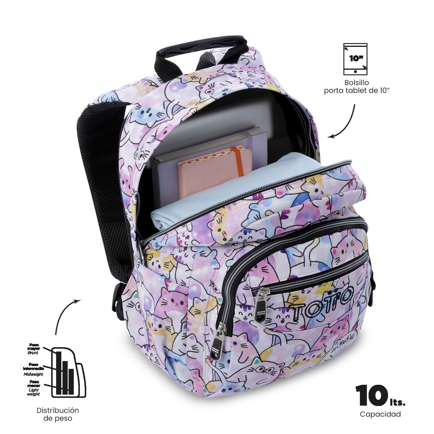 Mochila infantil pequena rosa com glitter e estampa têmpera.