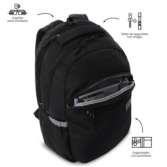 Mochila universitária unissex preta da Indo University com compartimento para laptop de 15,4".