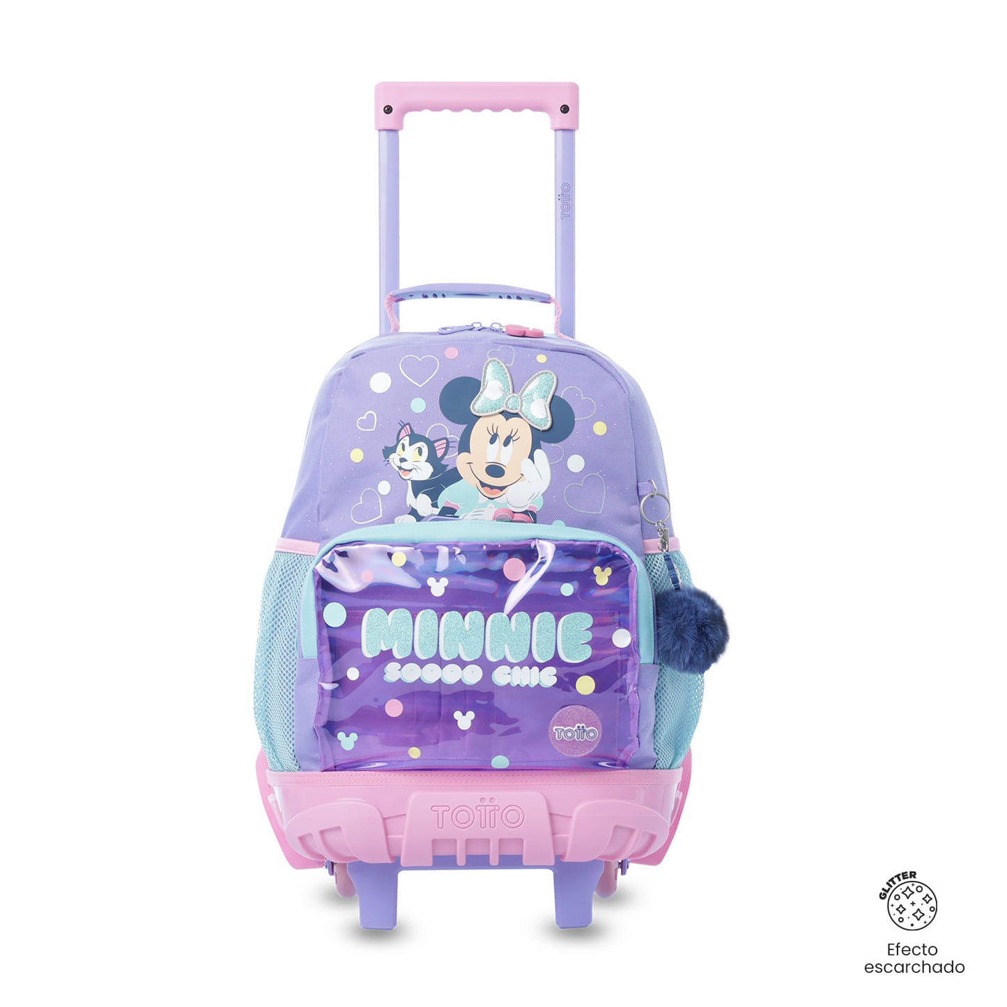 Mala de tamanho médio roxa da Minnie Mouse para meninas, com rodinhas.