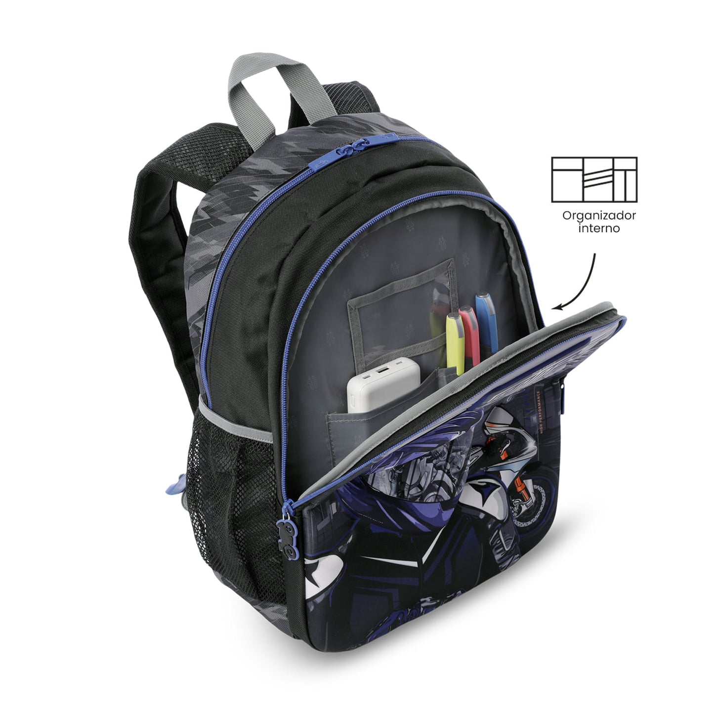 Conjunto Escolar para Meninos (3 Peças): Mochila + Lancheira + Capacete Multiuso Racer Preto