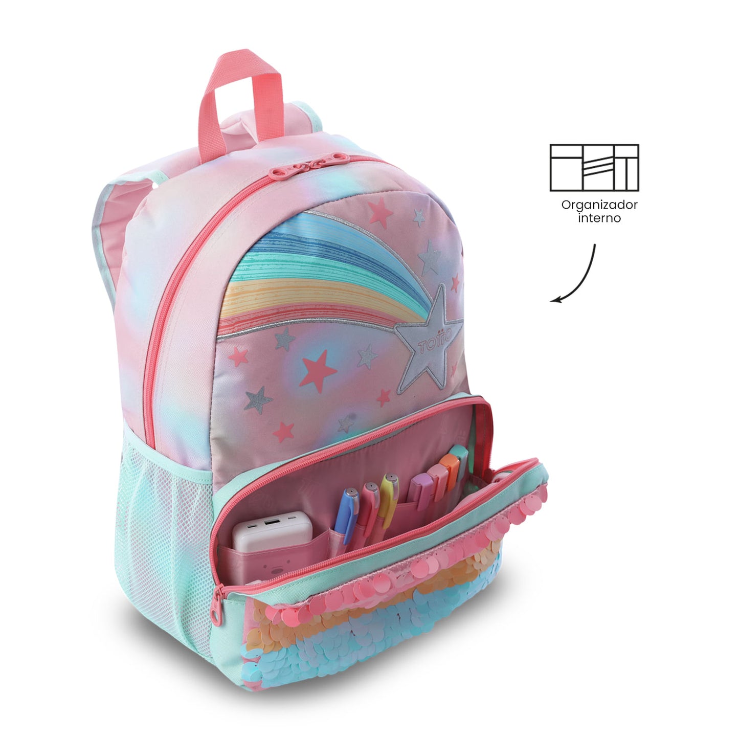 Mochila média rosa com estrela arco-íris para meninas