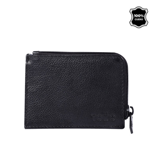 Carteira pequena de couro preto.