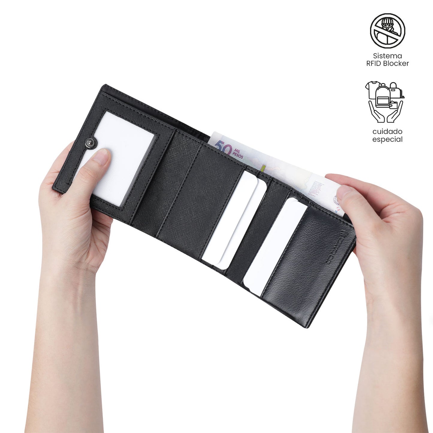 Carteira masculina Saffiano Aqi com bloqueador RFID, preta.