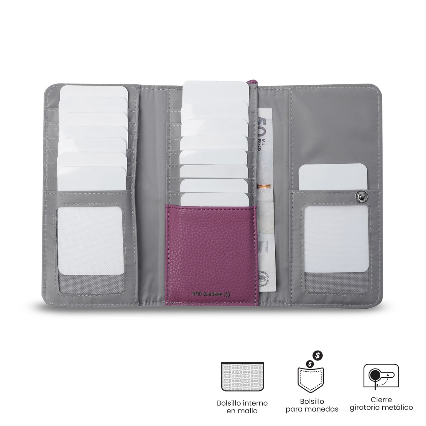 Carteira feminina Smooth Sub com bloqueador RFID, rosa.