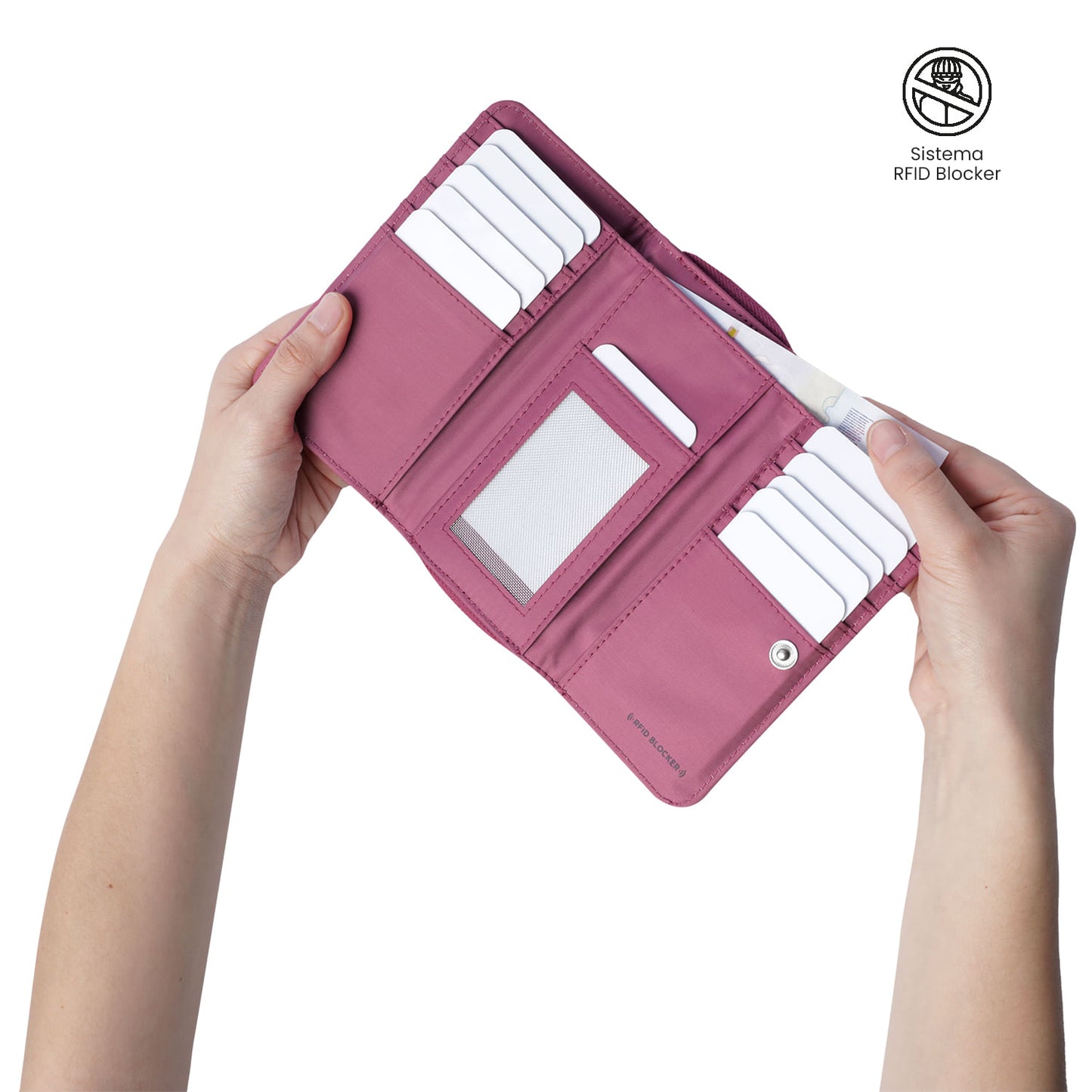 Carteira feminina Texture Var com bloqueador RFID, rosa.