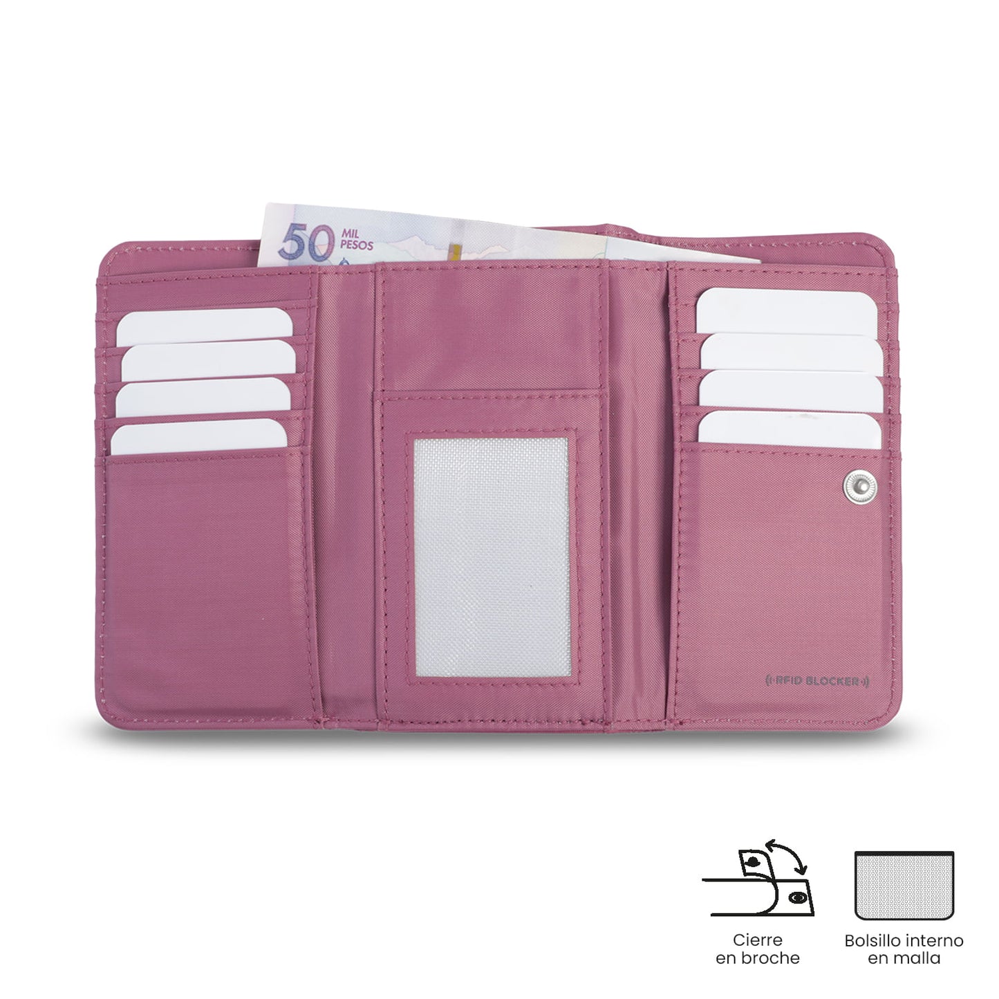 Carteira feminina Texture Var com bloqueador RFID, rosa.