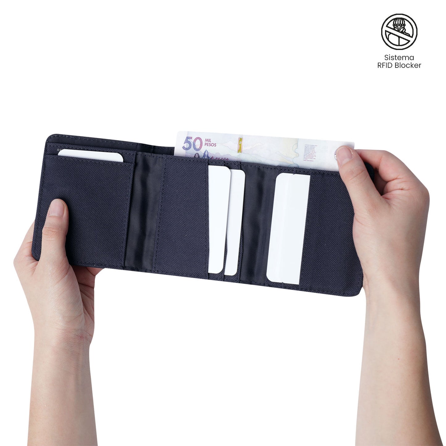 Carteira masculina grande de madeira com bloqueador RFID, azul.