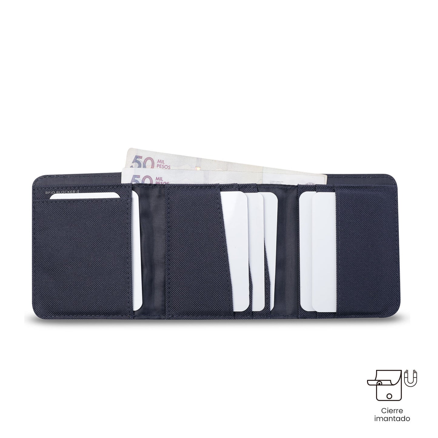 Carteira masculina grande de madeira com bloqueador RFID, azul.