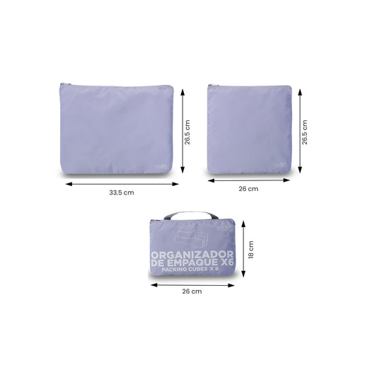 Organizador de viagem com 6 cubos organizadores roxos