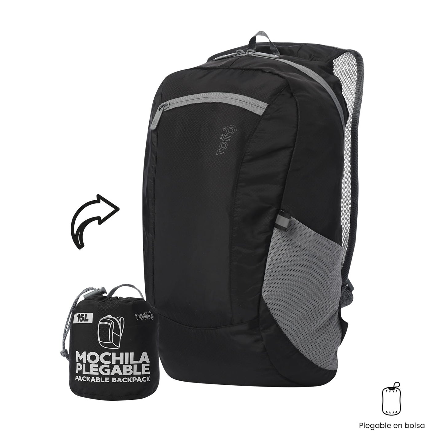 Mochila dobrável e leve Troker tamanho médio, preta.