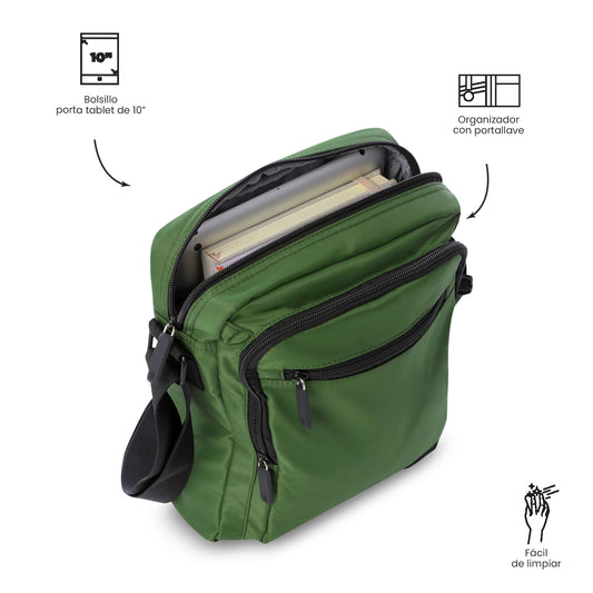 Bolsa masculina com compartimento para tablet de 10 polegadas, modelo transversal, verde Bayonne.