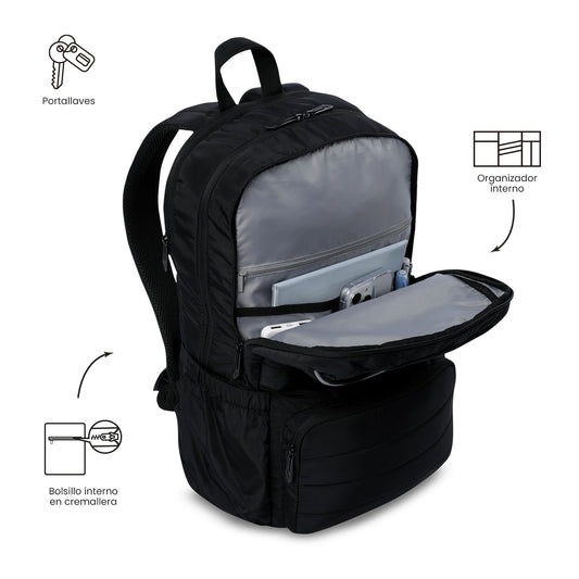 Mochila unissex preta para laptop, ideal para estudantes universitários.