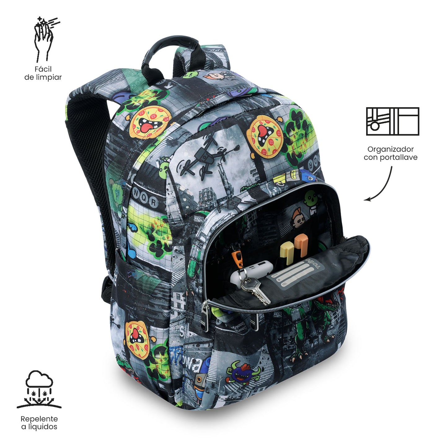 Mochila juvenil com compartimento para laptop de 14", preta aquarela