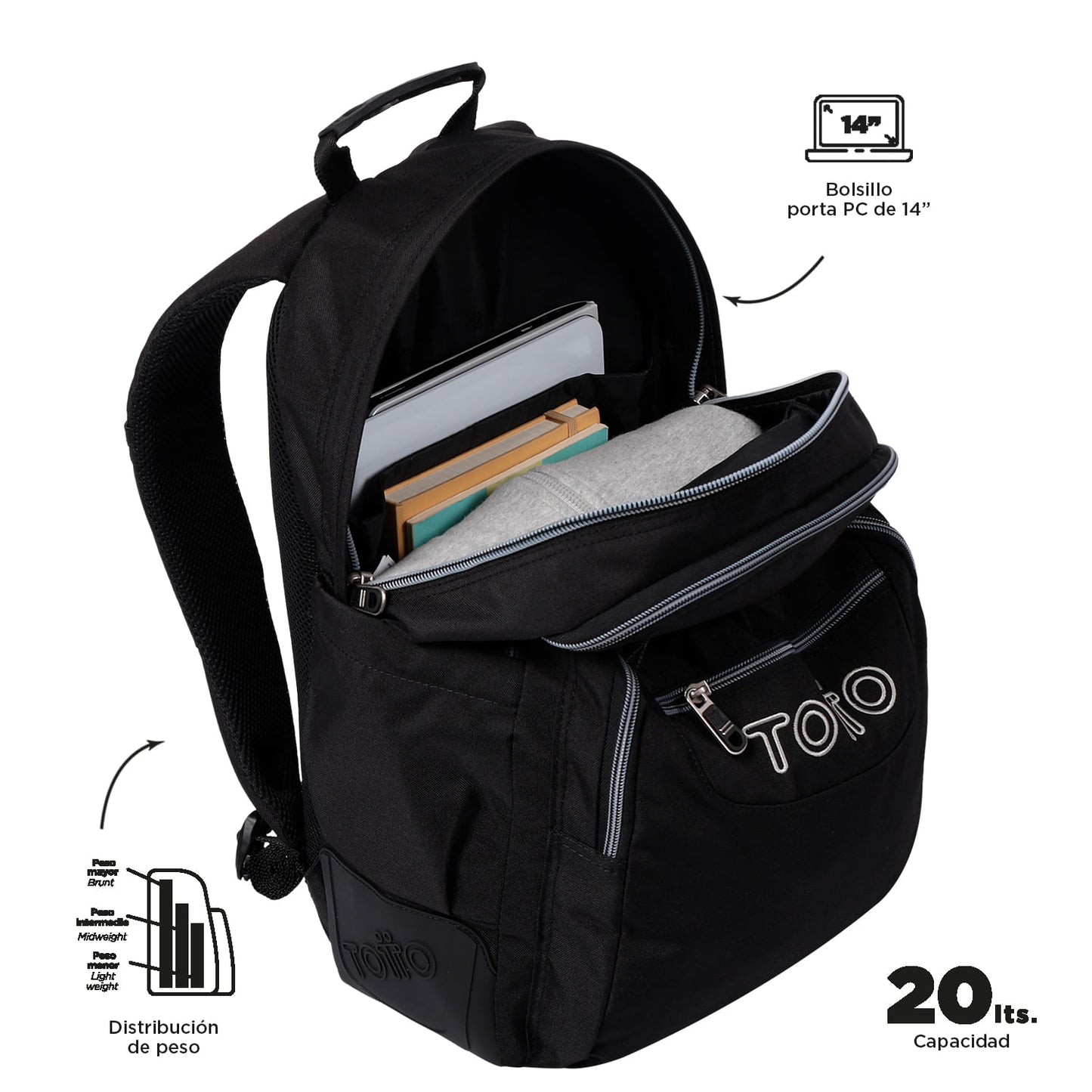 Mochila infantil para computador Rayol de 14 polegadas, preta.
