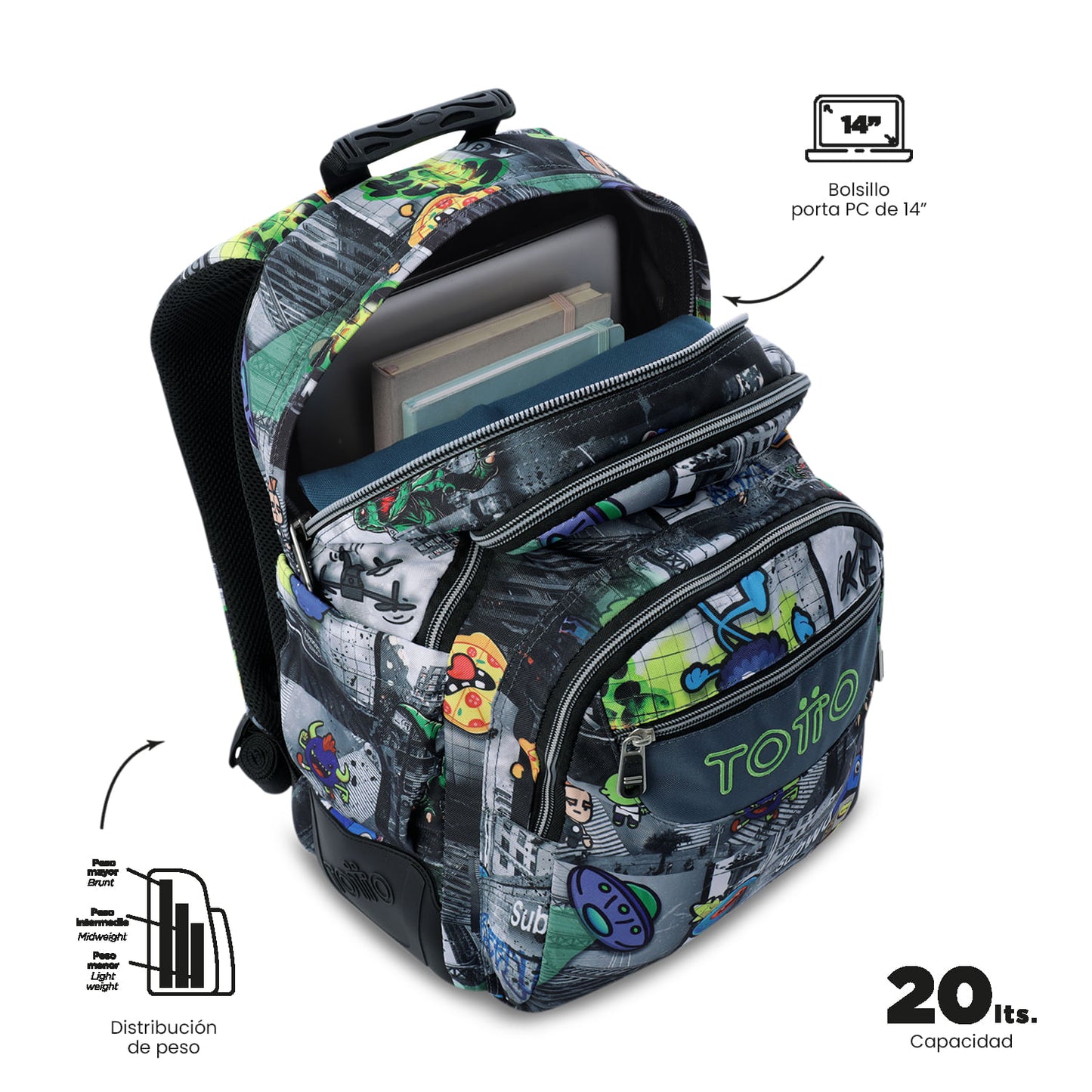 Mochila infantil para PC Rayol de 14 polegadas, preta.