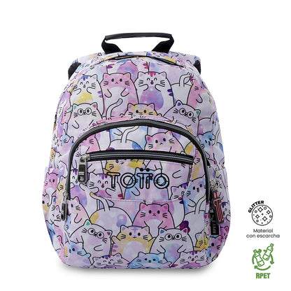 Mochila infantil pequena rosa com glitter e estampa têmpera.