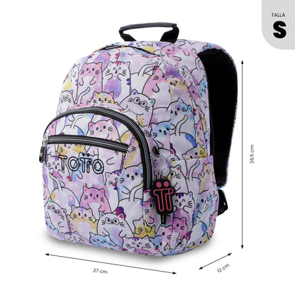 Mochila infantil pequena rosa com glitter e estampa têmpera.