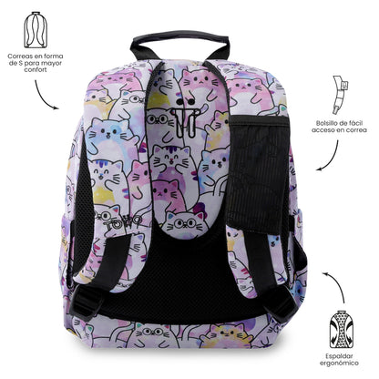 Mochila infantil pequena rosa com glitter e estampa têmpera.