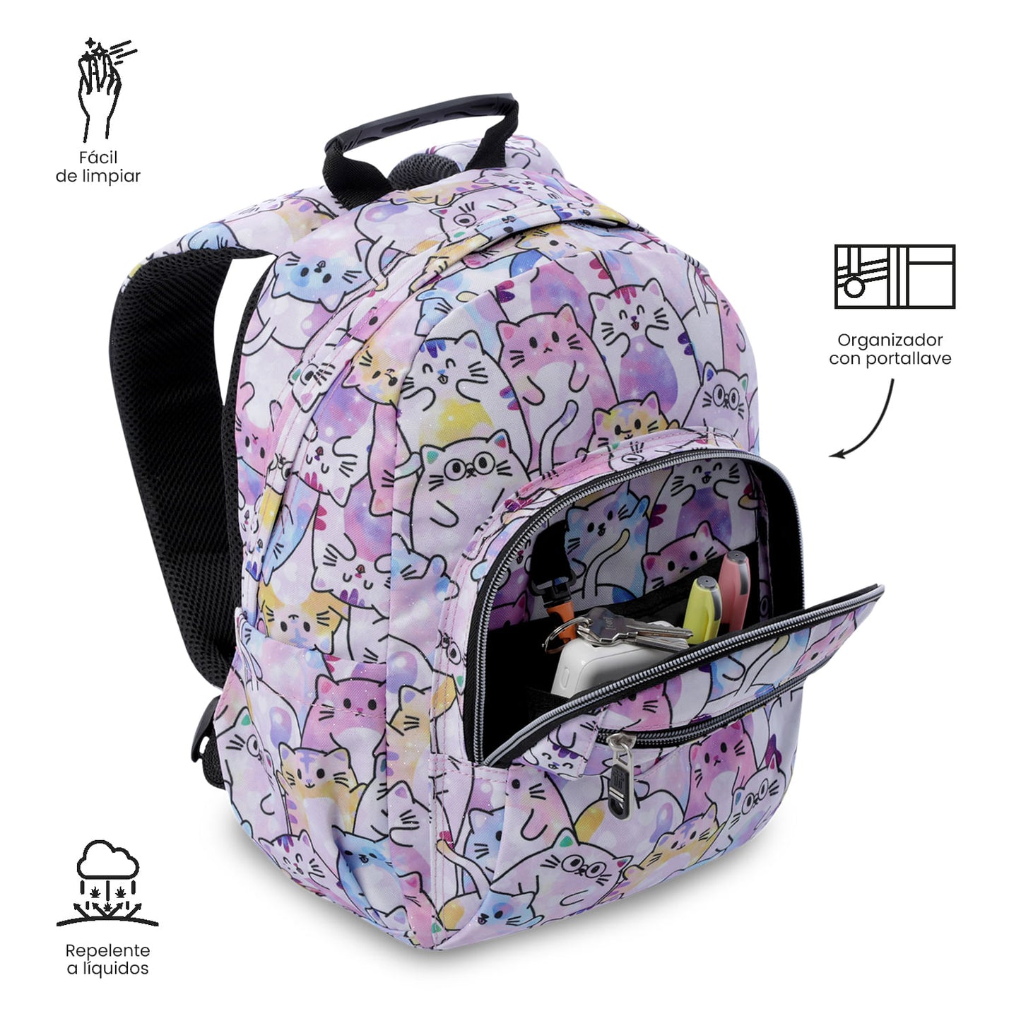 Mochila infantil pequena rosa com glitter e estampa têmpera.