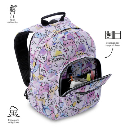 Mochila infantil pequena rosa com glitter e estampa têmpera.