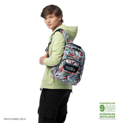 Mochila juvenil com compartimentos para laptop de 13" e elásticos, cinza.