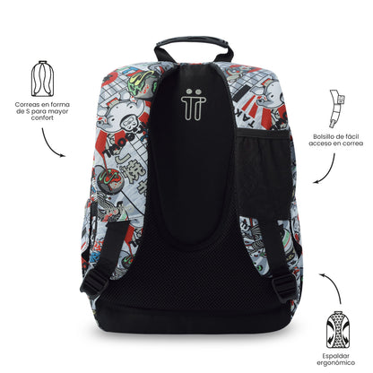 Mochila juvenil com compartimentos para laptop de 13" e elásticos, cinza.