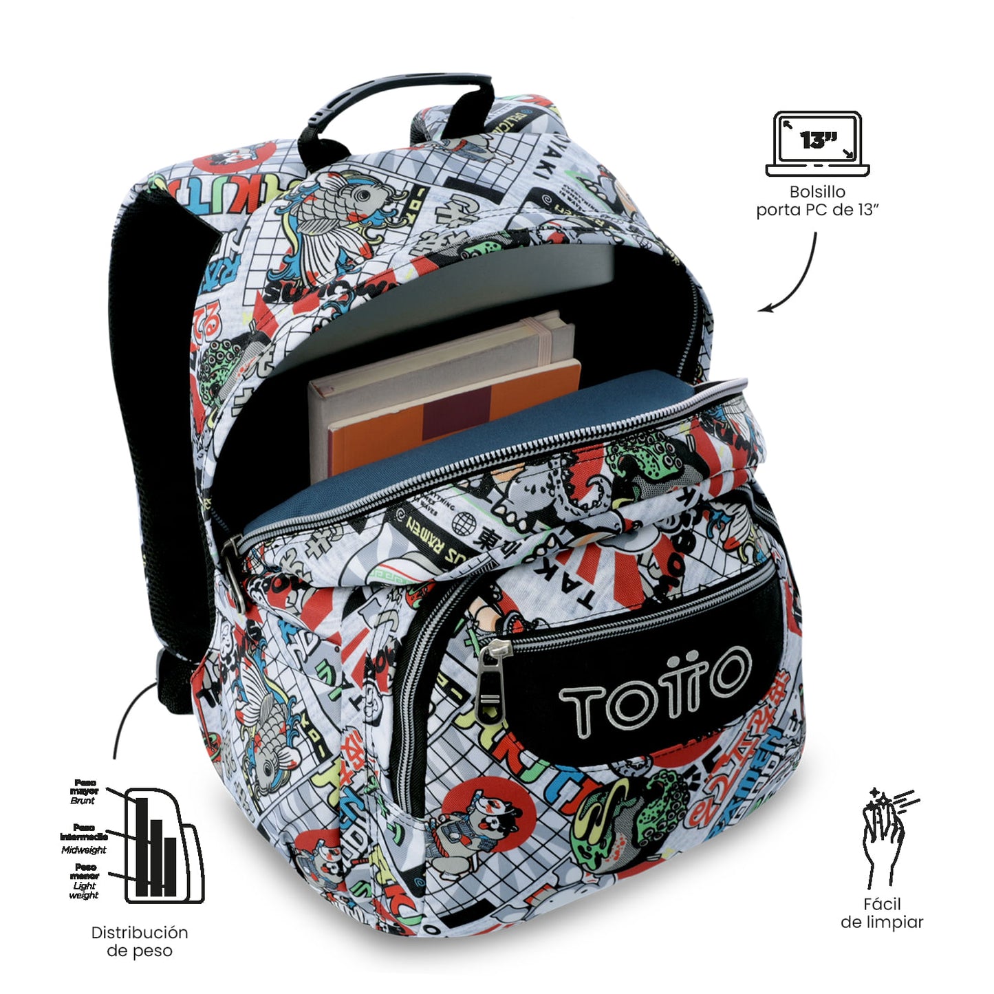 Mochila juvenil com compartimentos para laptop de 13" e elásticos, cinza.