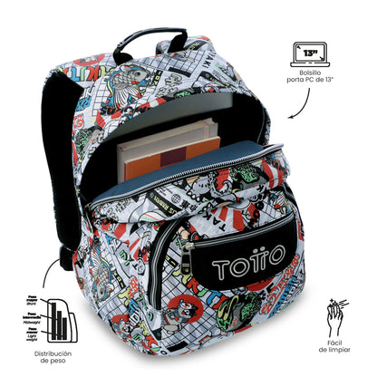 Mochila juvenil com compartimentos para laptop de 13" e elásticos, cinza.