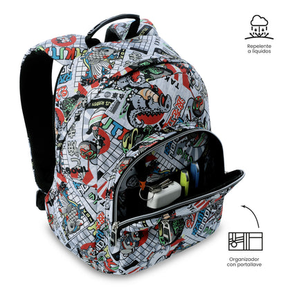 Mochila juvenil com compartimentos para laptop de 13" e elásticos, cinza.