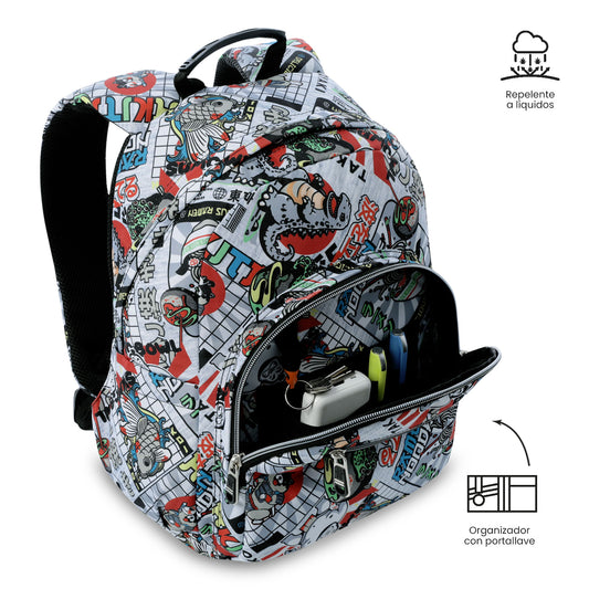 Mochila juvenil com compartimentos para laptop de 13" e elásticos, cinza.