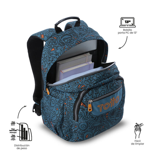 Mochila juvenil com compartimentos para laptop de 13" e elásticos - Azul