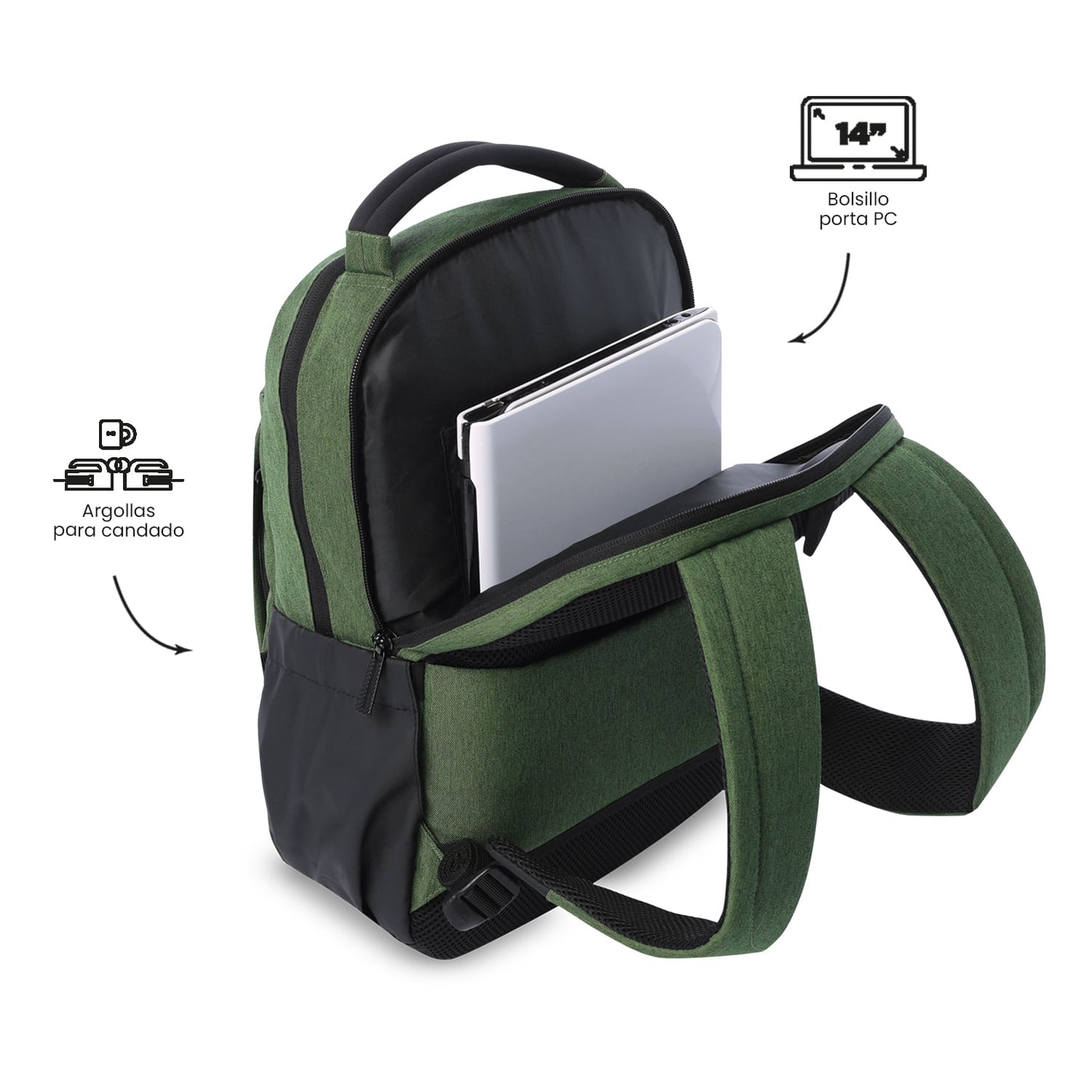 Mochila executiva para laptop de 14", Deleg 2.0, verde, masculina.