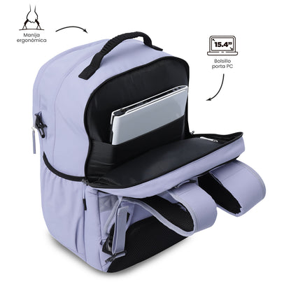 Mochila feminina roxa para laptop, estilo spa, ideal para estudantes universitárias, com capacidade para laptops de até 15,4".