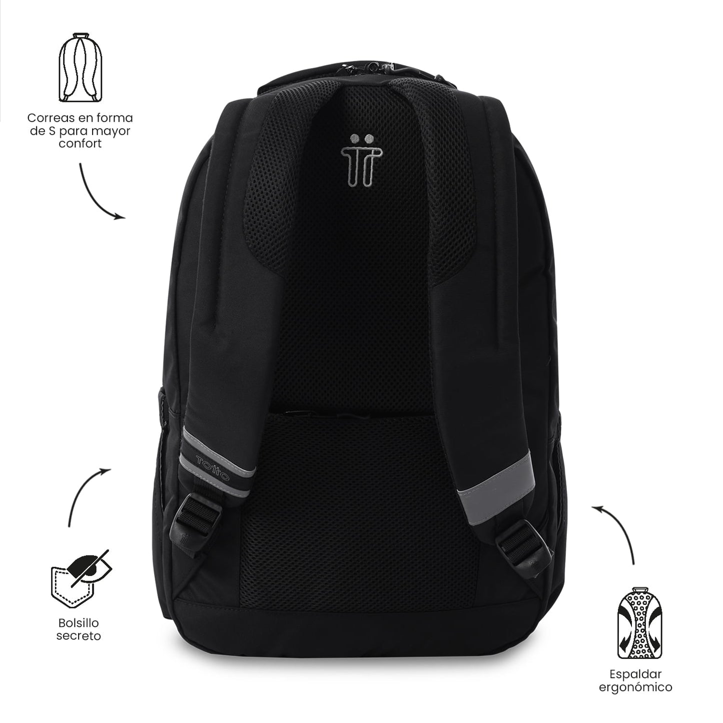 Mochila universitária unissex preta da Indo University com compartimento para laptop de 15,4".