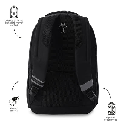Mochila universitária unissex preta da Indo University com compartimento para laptop de 15,4".