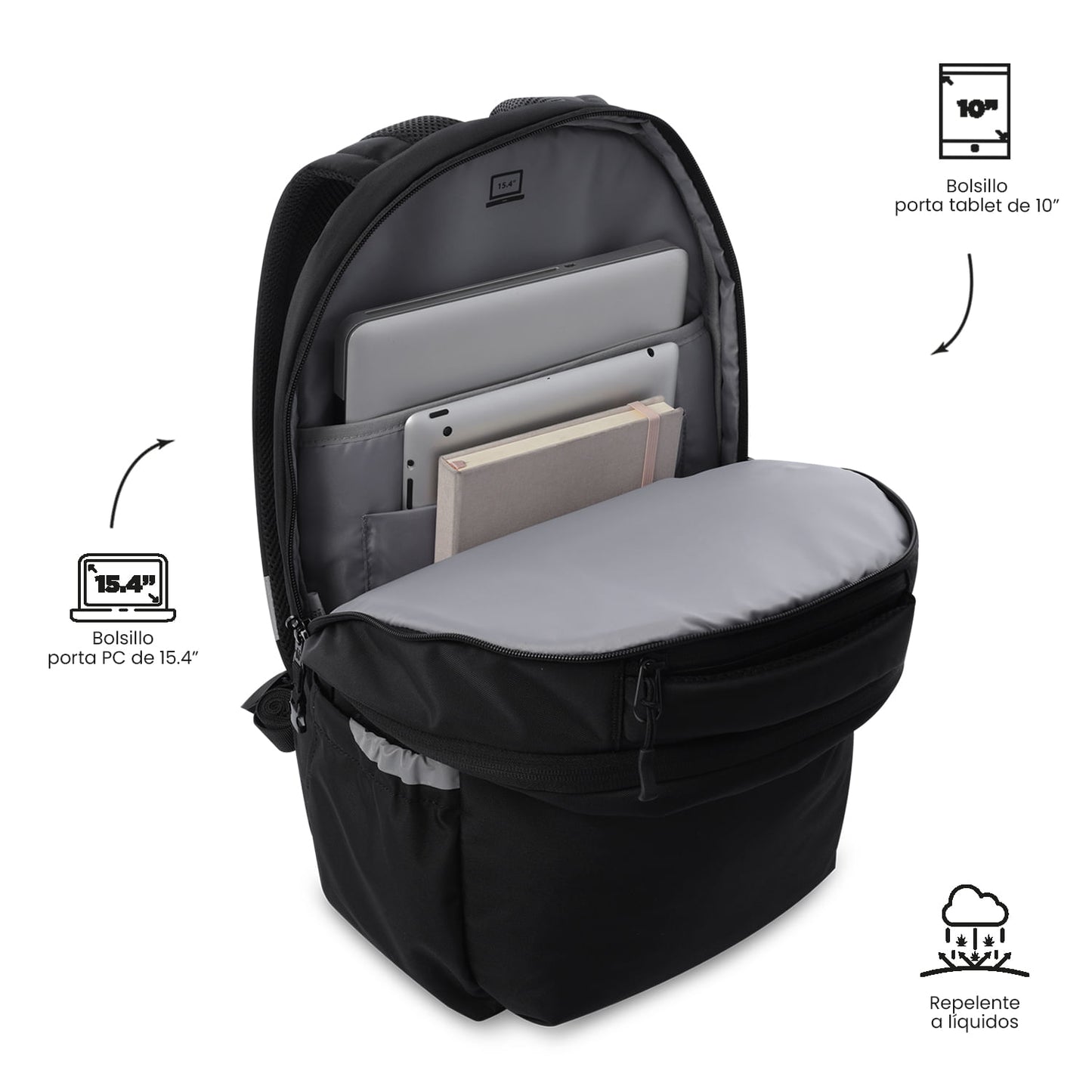 Mochila universitária unissex preta da Indo University com compartimento para laptop de 15,4".