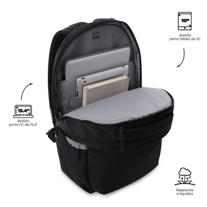 Mochila universitária unissex preta da Indo University com compartimento para laptop de 15,4".