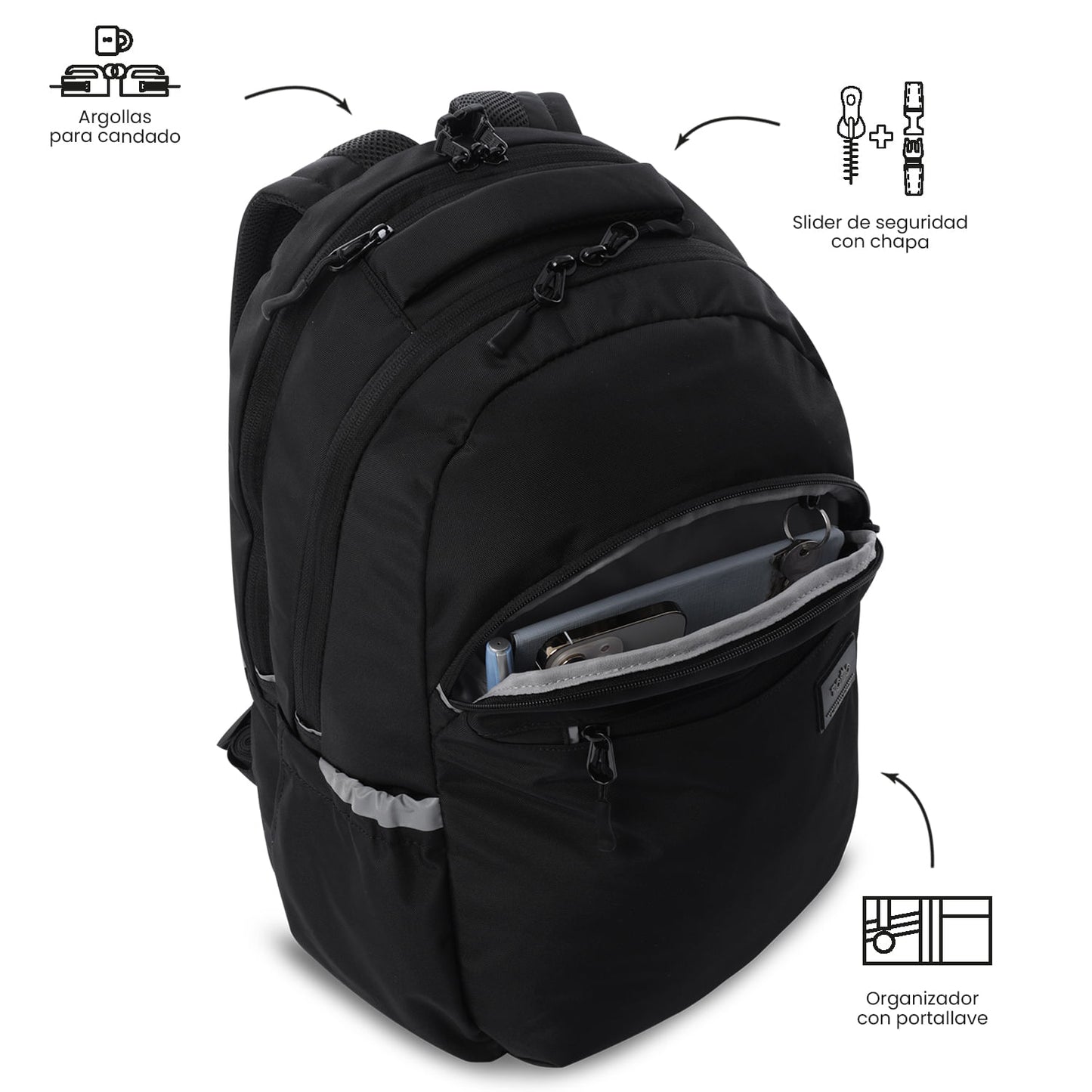 Mochila universitária unissex preta da Indo University com compartimento para laptop de 15,4".