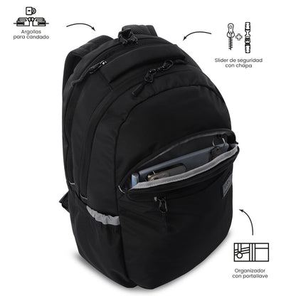 Mochila universitária unissex preta da Indo University com compartimento para laptop de 15,4".