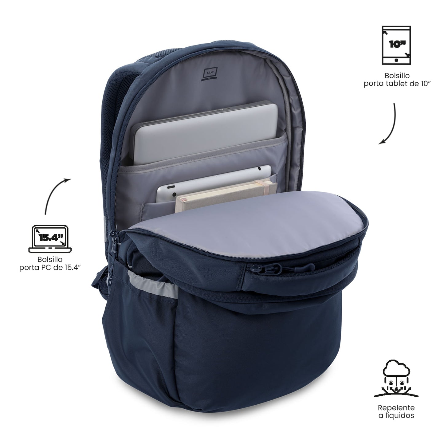 Mochila universitária unissex azul-marinho com compartimento para laptop de 15,4".