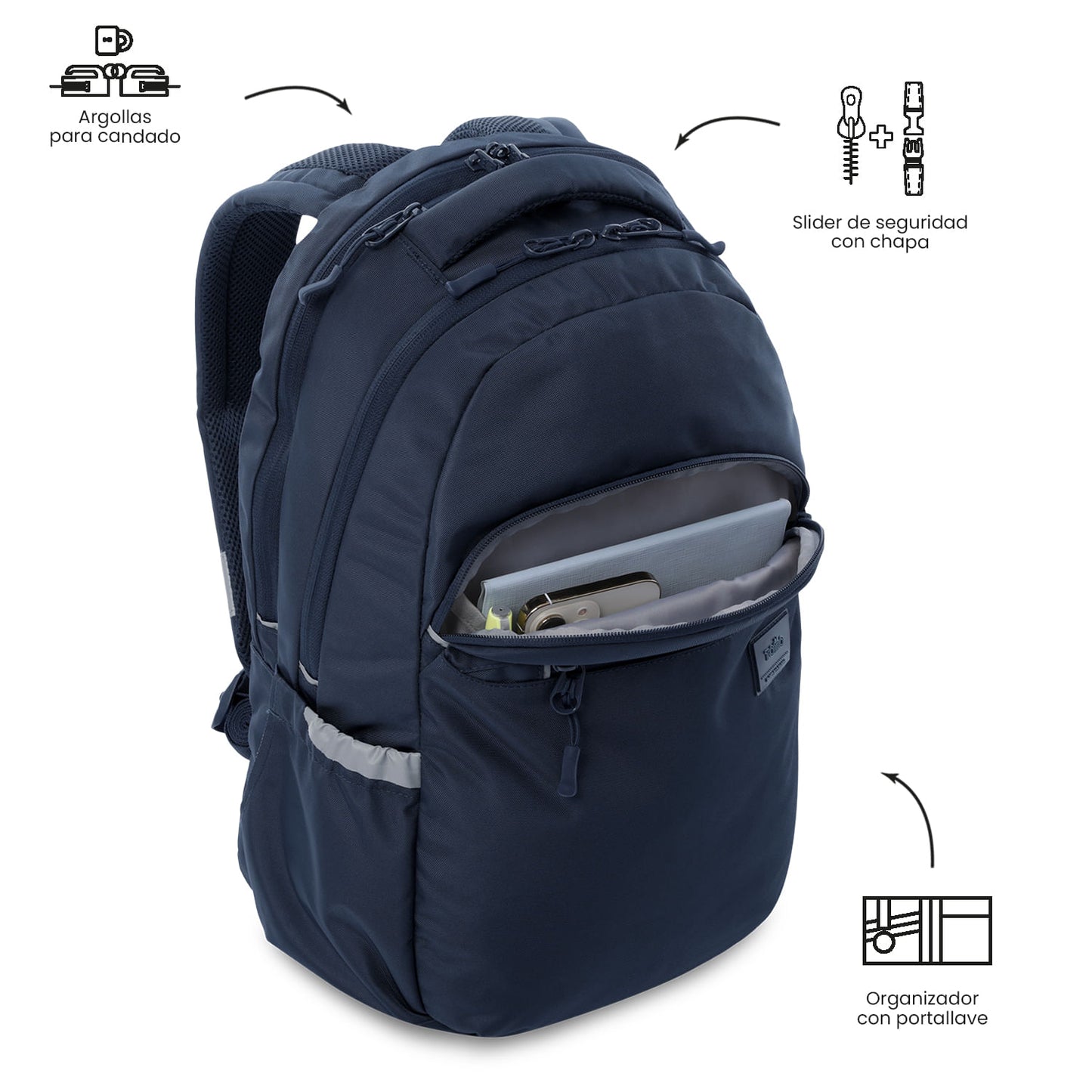 Mochila universitária unissex azul-marinho com compartimento para laptop de 15,4".