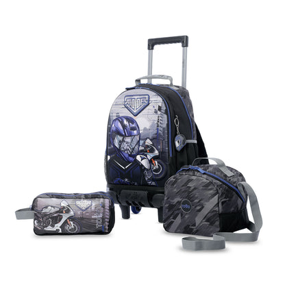 Combo Escolar Niño X3 Maleta Ruedas+Lonchera+Multiuso Helmet Racer Negro