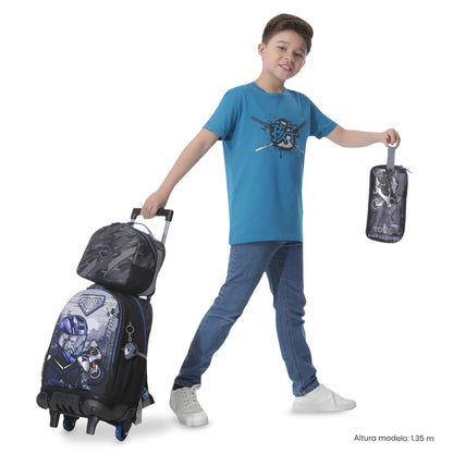 Combo Escolar Niño X3 Maleta Ruedas+Lonchera+Multiuso Helmet Racer Negro