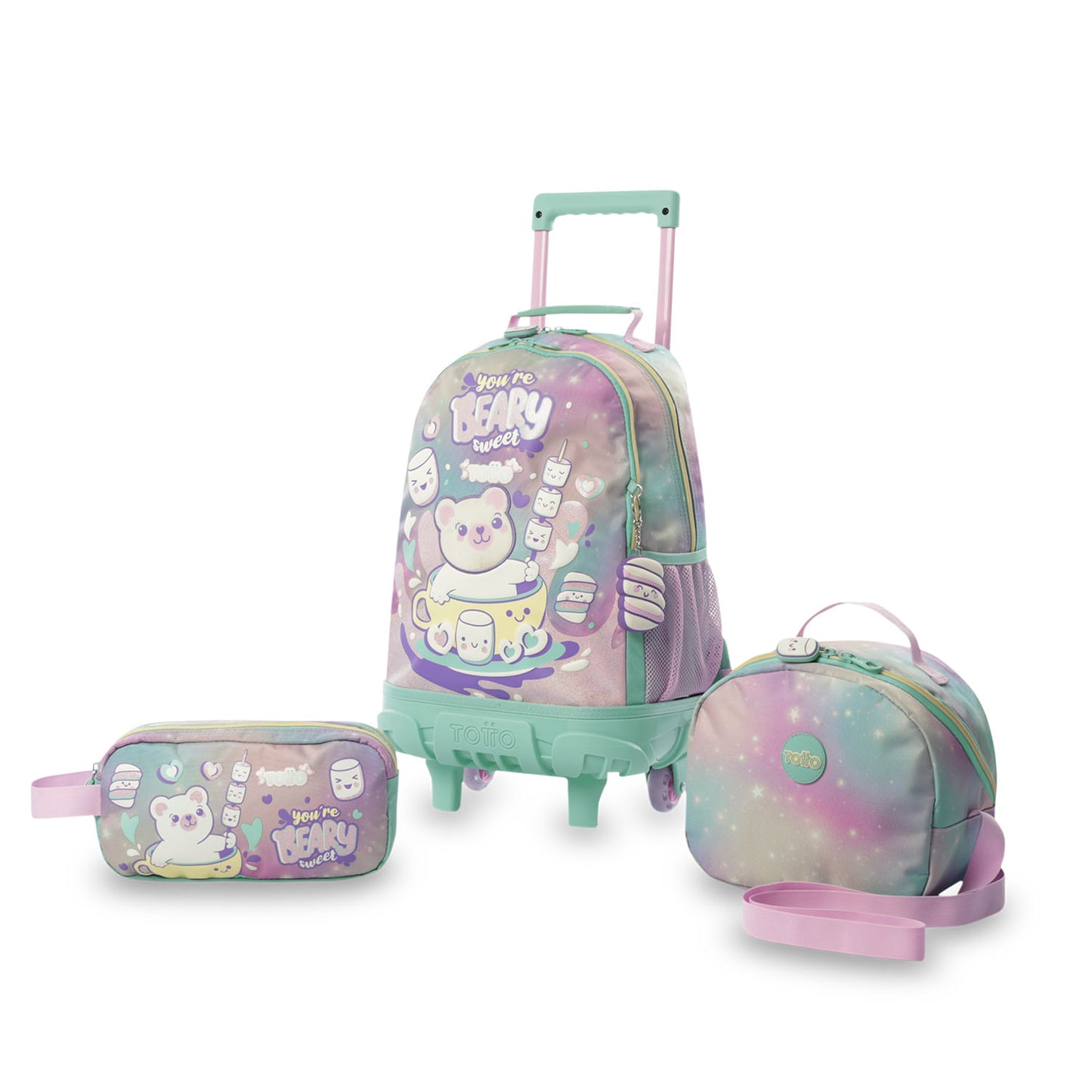 Conjunto Escolar Feminino X3: Mala com Rodinhas + Lancheira + Bolsa Multiuso (Cinza Suave)