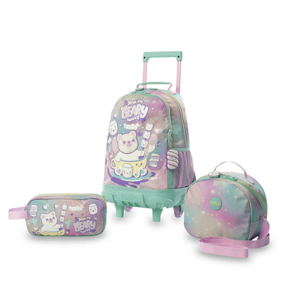 Conjunto Escolar Feminino X3: Mala com Rodinhas + Lancheira + Bolsa Multiuso (Cinza Suave)