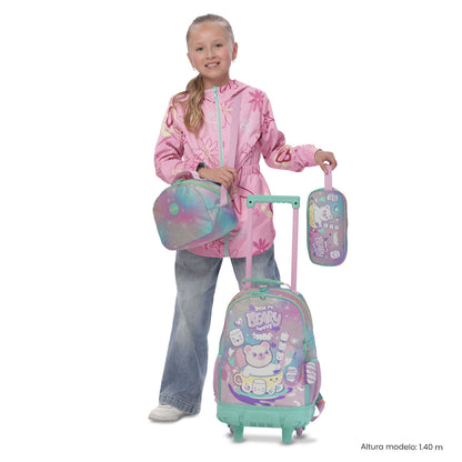 Conjunto Escolar Feminino X3: Mala com Rodinhas + Lancheira + Bolsa Multiuso (Cinza Suave)