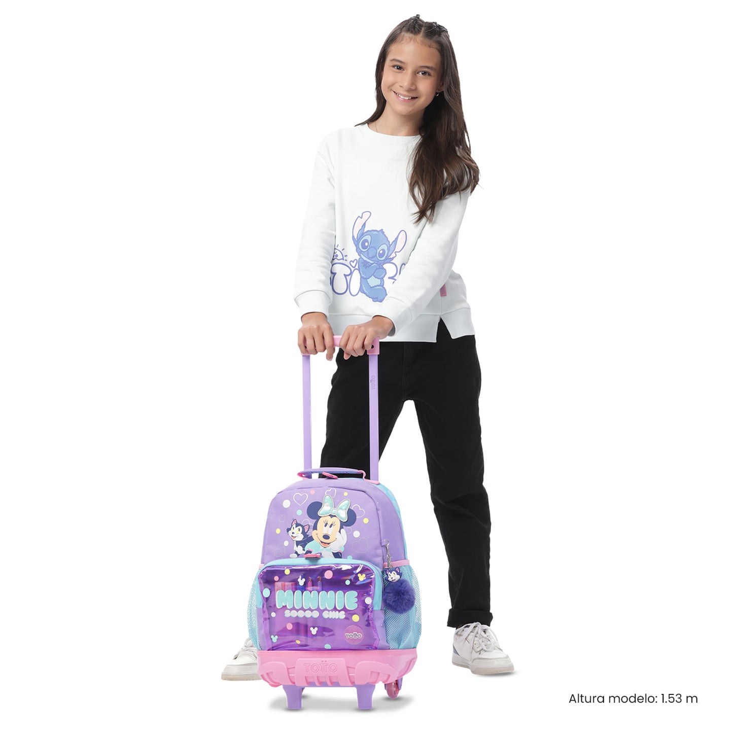 Mala de tamanho médio roxa da Minnie Mouse para meninas, com rodinhas.